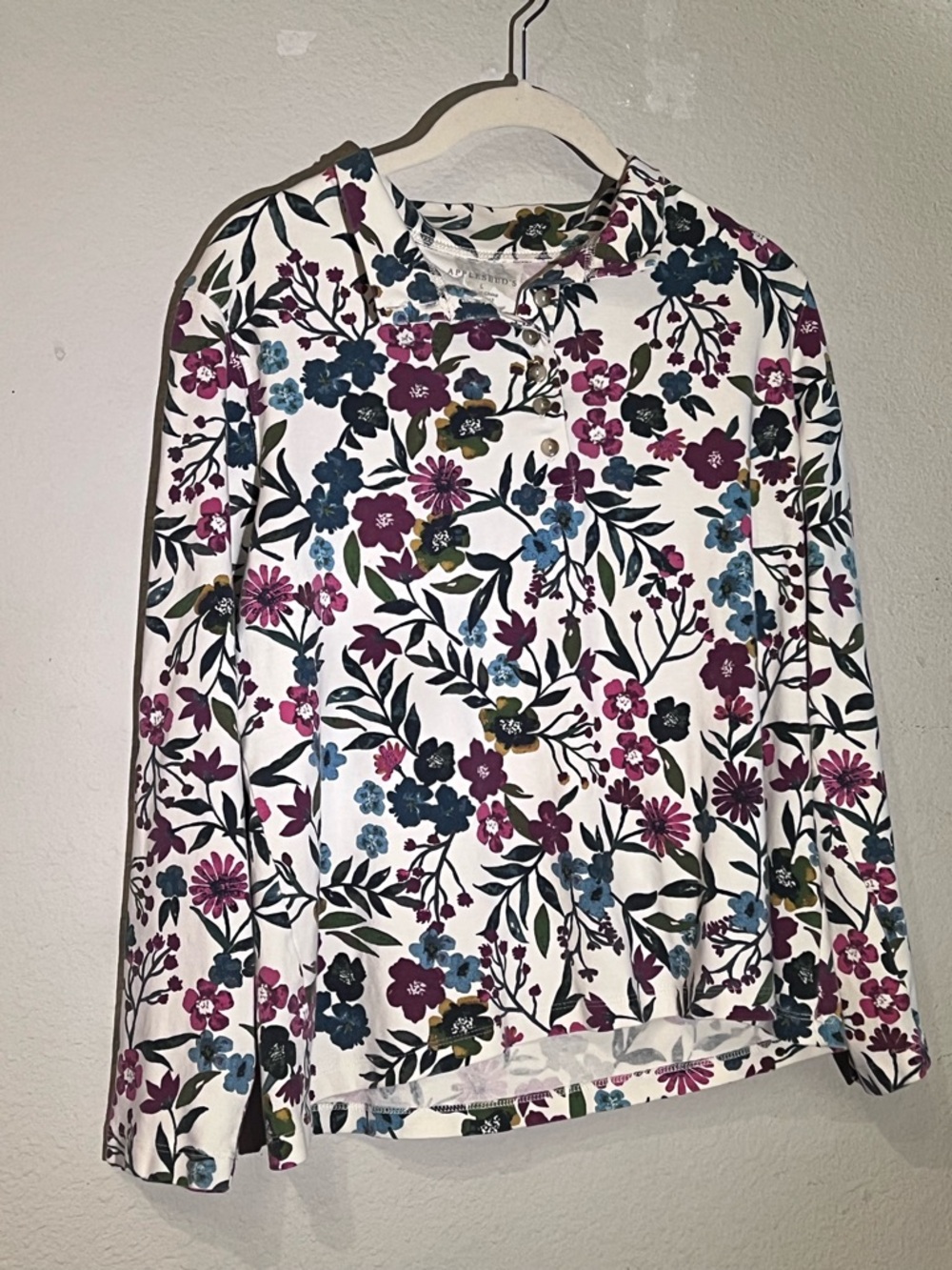 Appleseed's White Floral Long Sleeve Tee with Blue and Purple Accents